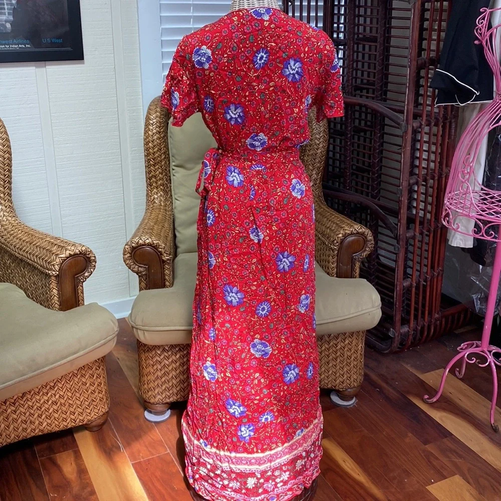 Beautiful front wrap red maxi dress purple flowers Size S